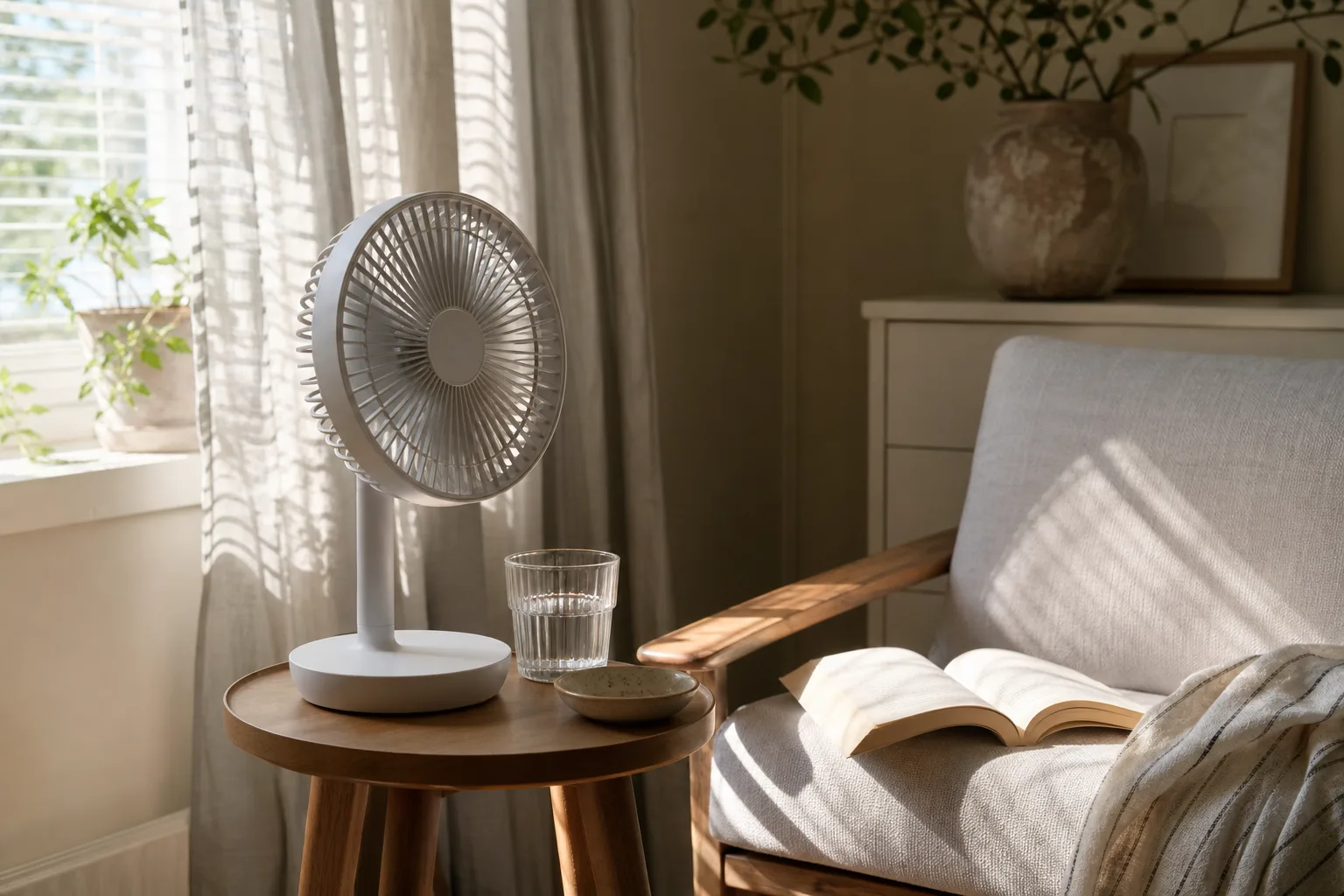 Vit bordsfläkt på ett litet sidobord bredvid en fåtölj med en uppslagen bok