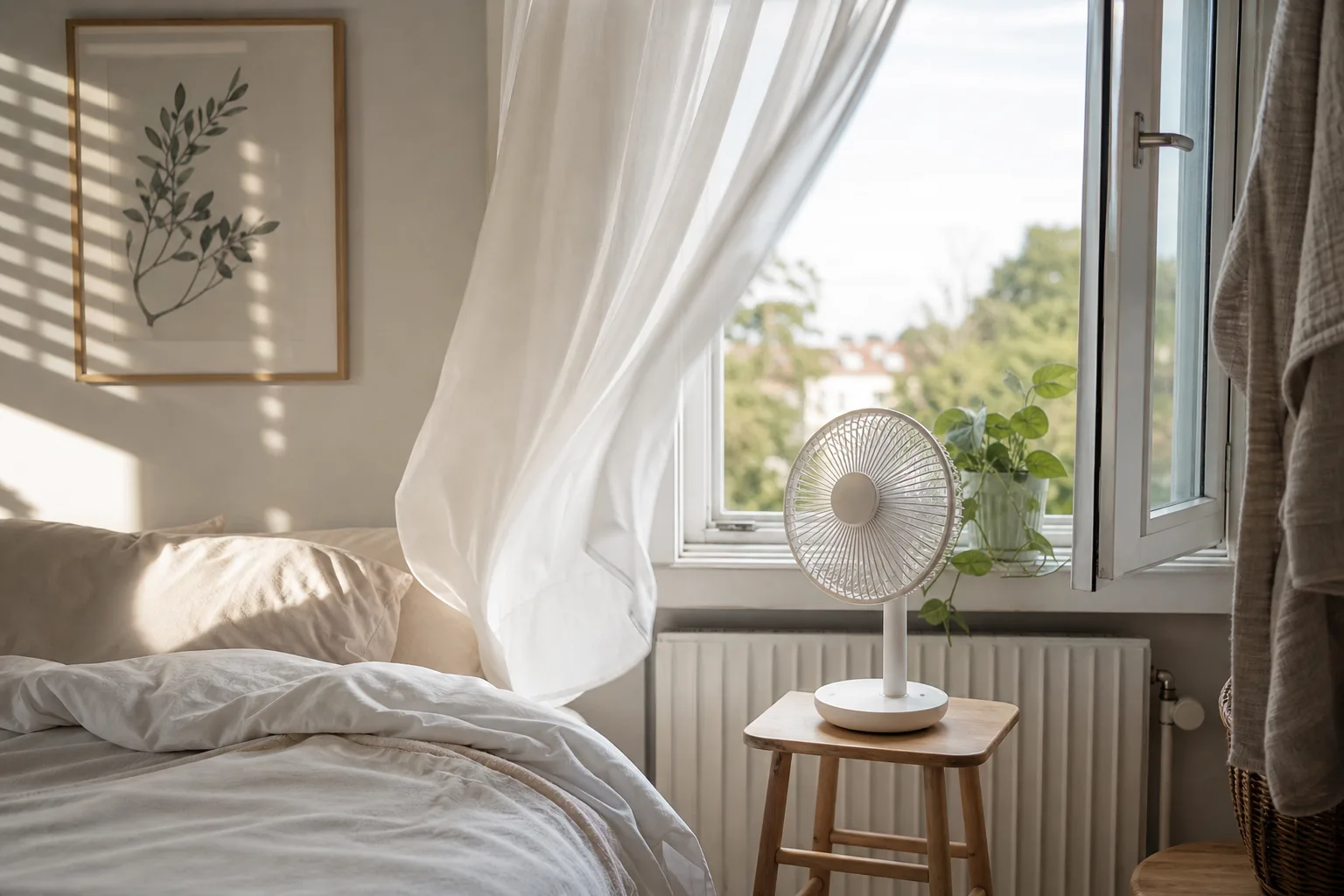 Liten vit fläkt på en träpall bredvid sängen, framför ett öppet fönster med fladdrande gardin
