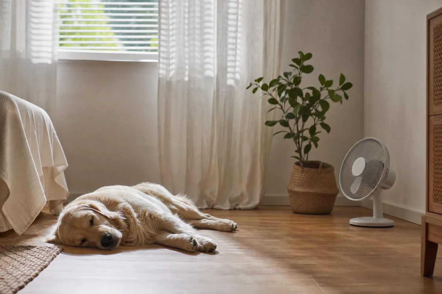 Hund på en öppen viloplats med vattenskål och fläkt placerade åtskilda