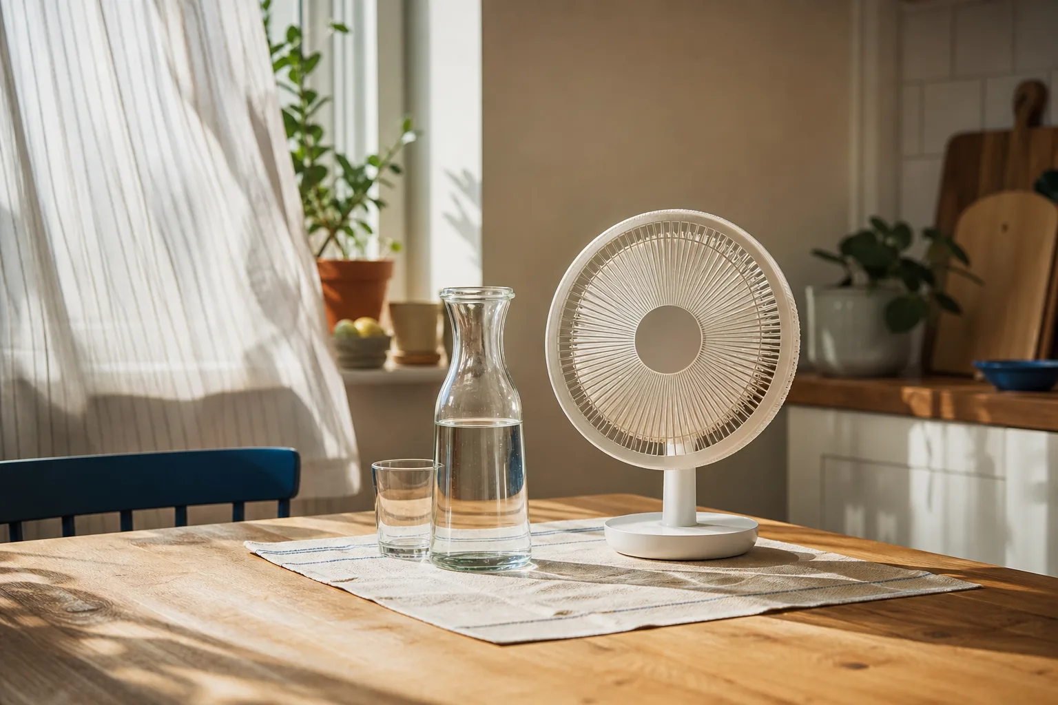 Ett glas med is på ett separat bord intill en torr fläktplats