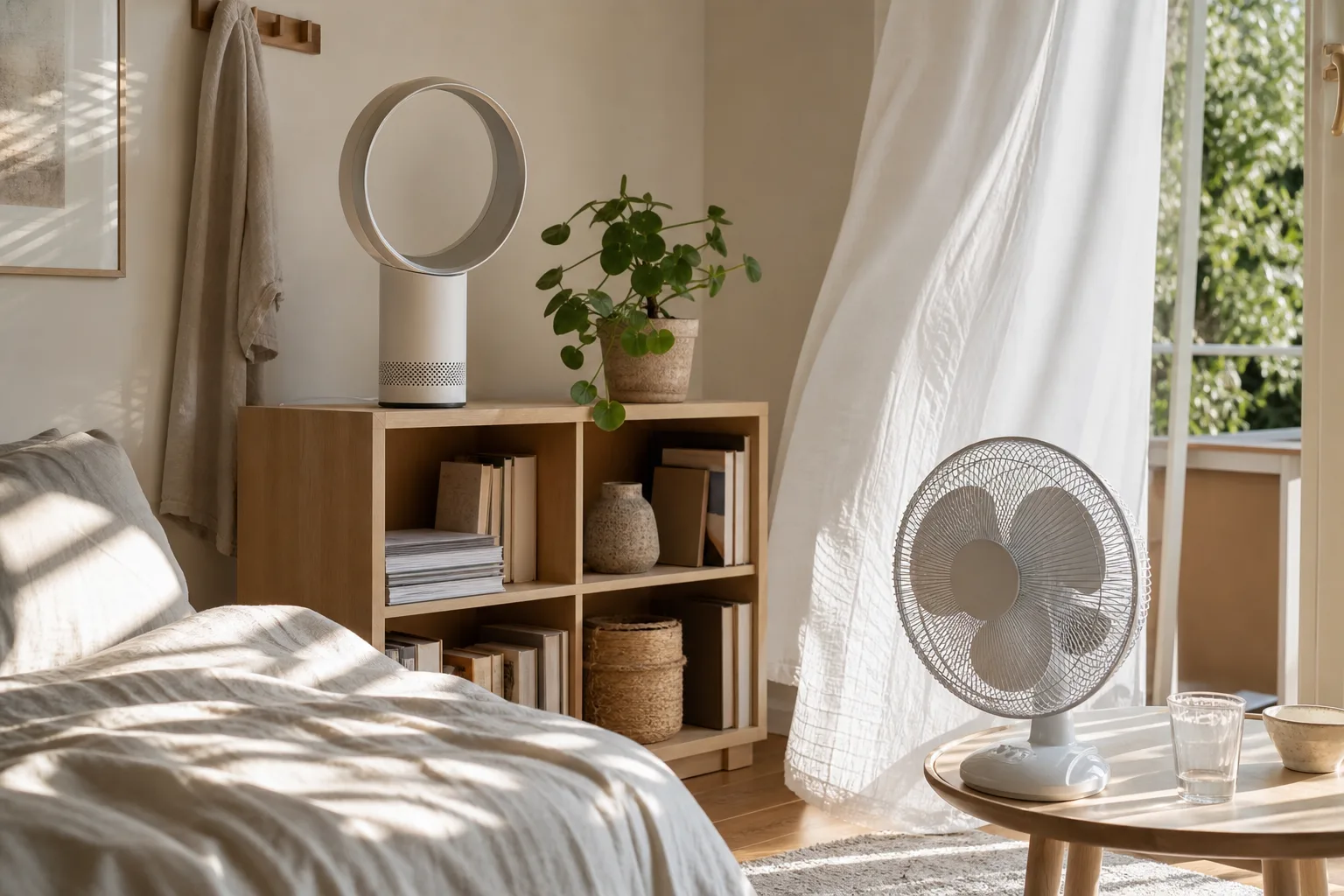 Sittplats med utrymme för en golvfläkt och ett arbetsbord för en mindre fläkt