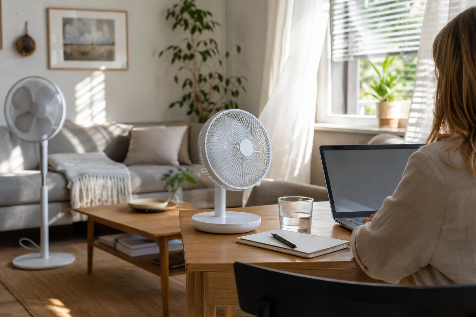 Arbetsbord med fri yta bredvid stolen och en sittplats längre in i rummet