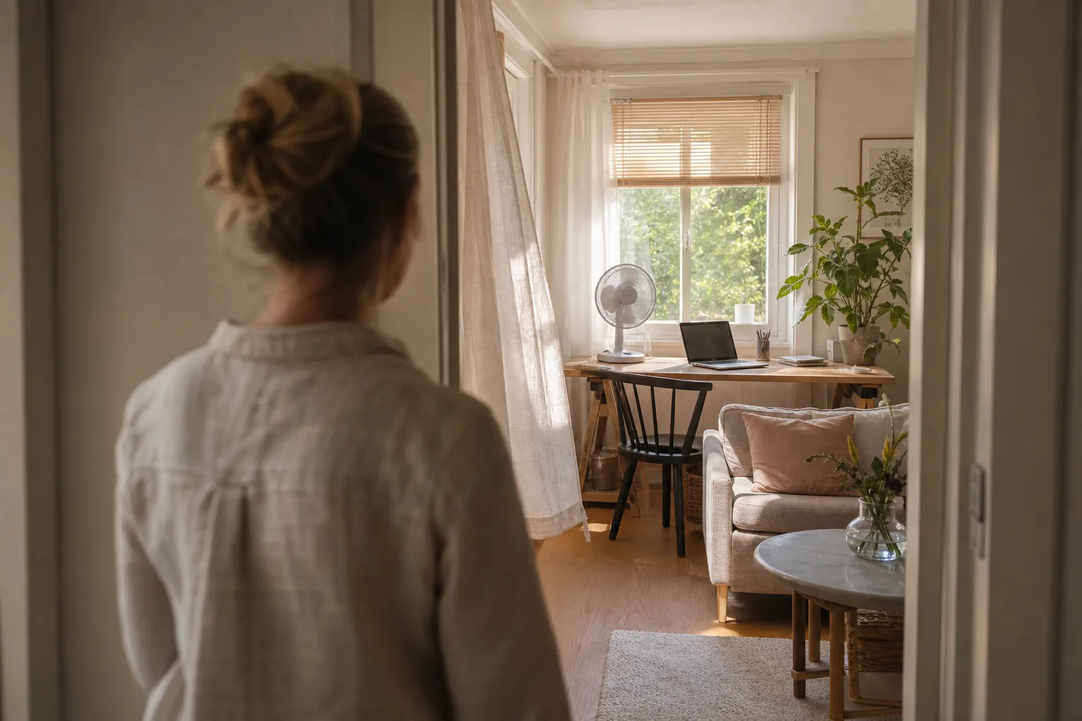 En fri plats bredvid skrivbordet och en golvplats vid soffan ger olika fläktval.
