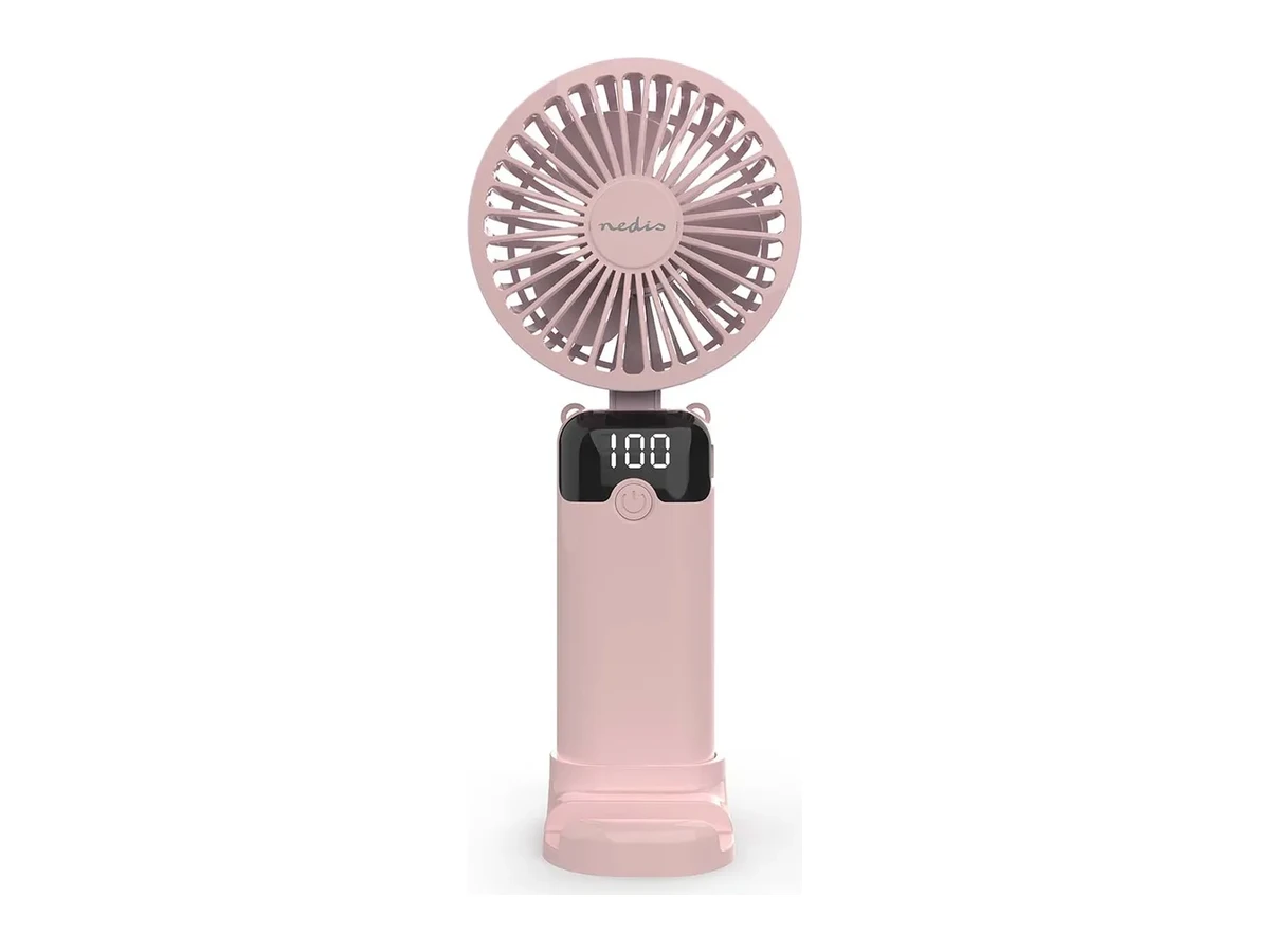 Nedis FNHH3BOX3, rosa handfläkt med display och stativ